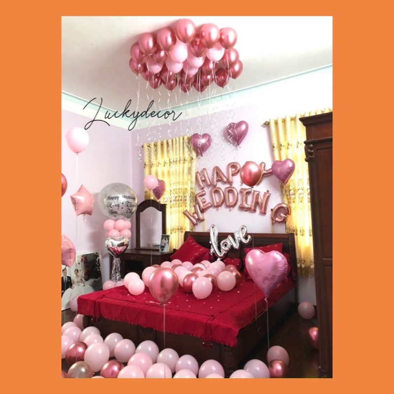 (Giảm Giá) BỘ BÓNG BAY TRANG TRÍ PHÒNG CƯỚI HAPPY WEDDING TÔNG HỒNG CÓ BÓNG TO IN TÊN CÔ DÂU - CHÚ RỂ PCC09