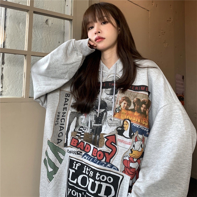 Women's retro street style cartoon printed oversized hoodie