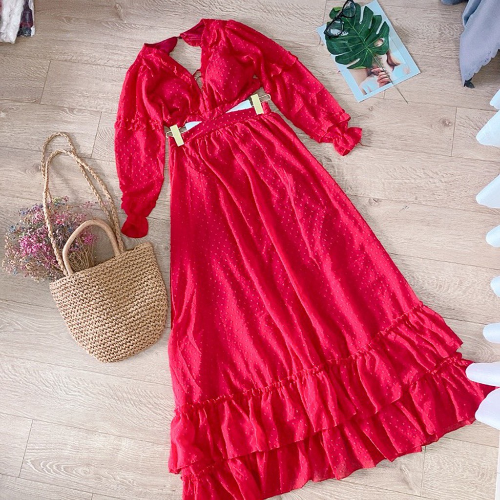 Đầm maxi đỏ khoét eo dây vai thắt nơ Hakieu MSP043