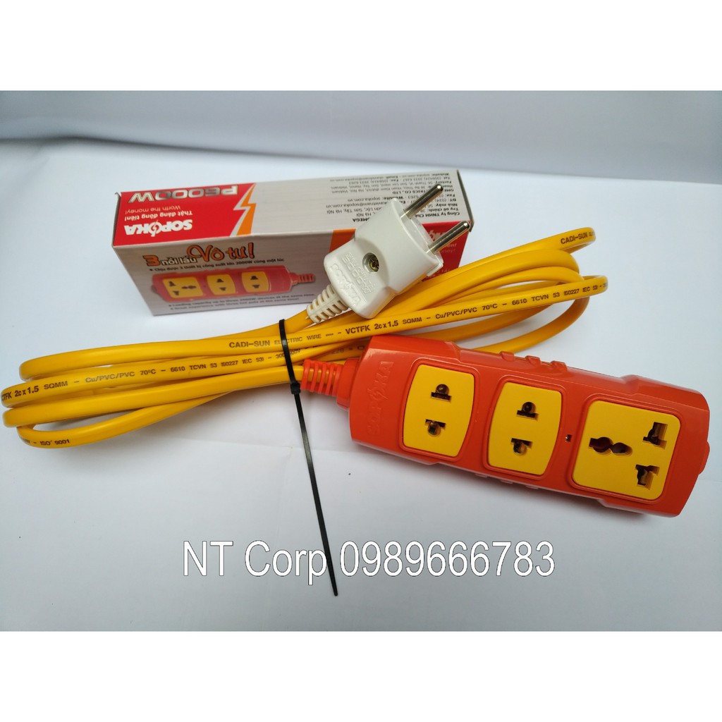 Ổ cắm điện kéo dài loại 3 lỗ công suất 4.000W (SOPOKA), dây điện nguồn 2x1,5mm2 (CADI-SUN), dài 3M,4M,5M,7M,10M,...