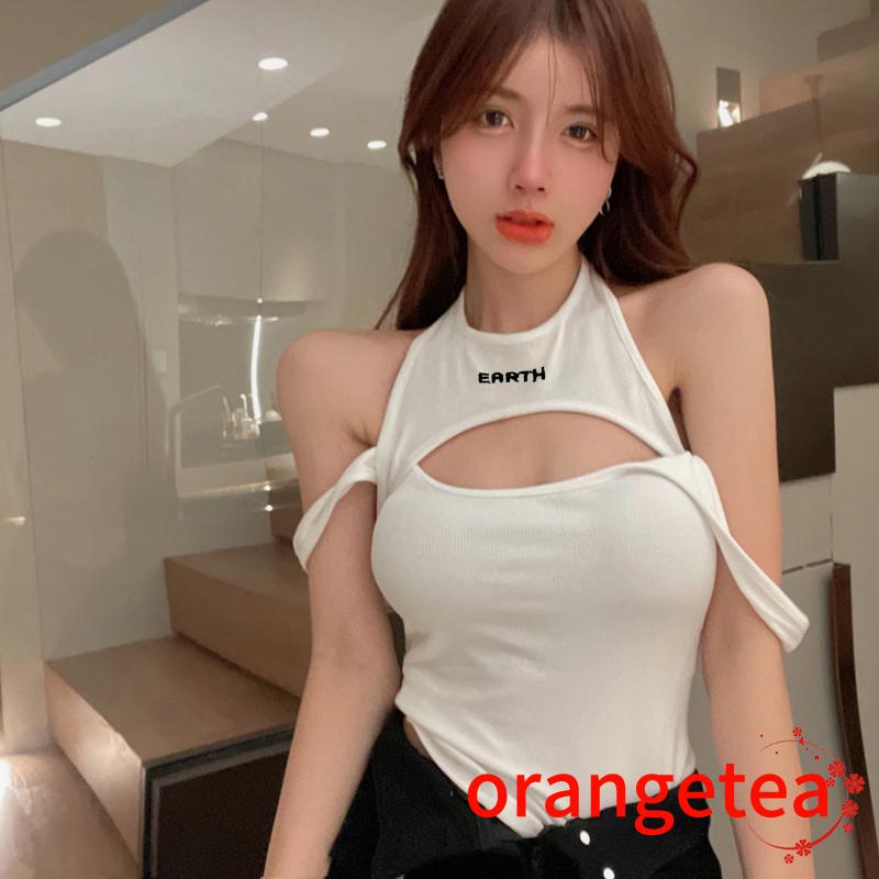 ORT-Women Camisole, Halterneck Backless Hollowed Letters Print Slim Fit Summer Fake 2-piece Tops
