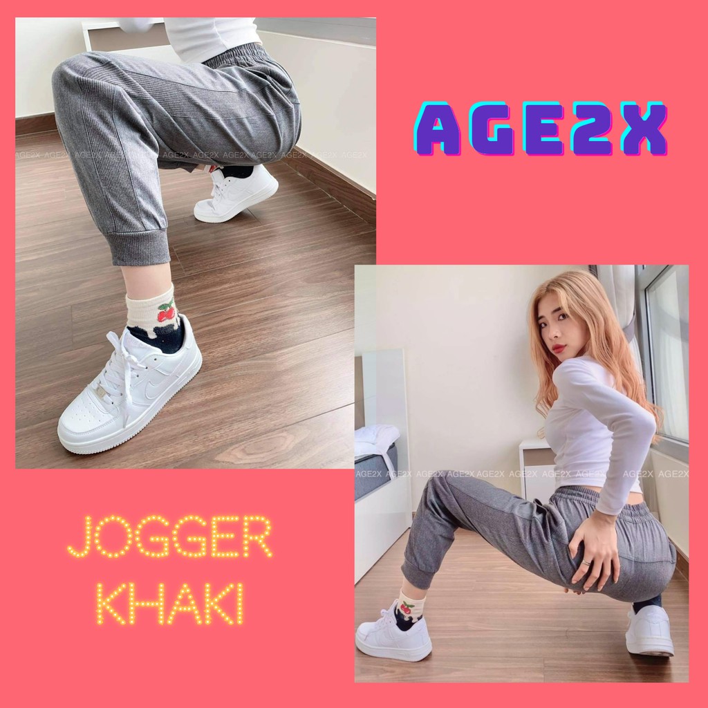 (MÀU XÁM TIÊU) quần jogger nữ vnxk, Quần kaki nữ wash mềm mại, phối sọc co giãn - AGE2X