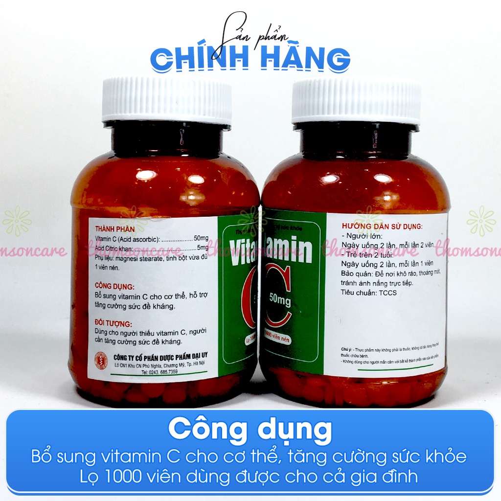 Vitamin C 50mg lọ 1000 viên nén - Bổ sung Vitamin C cho cơ thể, tăng cường sức đề kháng, giảm chảy máu cam