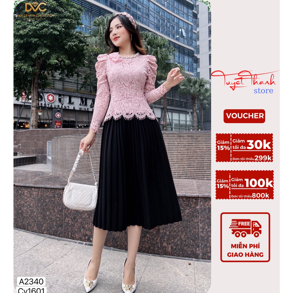 Set Áo Ren Hồng Tay Dài Phối Chân Váy Xòe Hàng Thiết Kế Cao Cấp TuyetThanhstore Mã S2340
