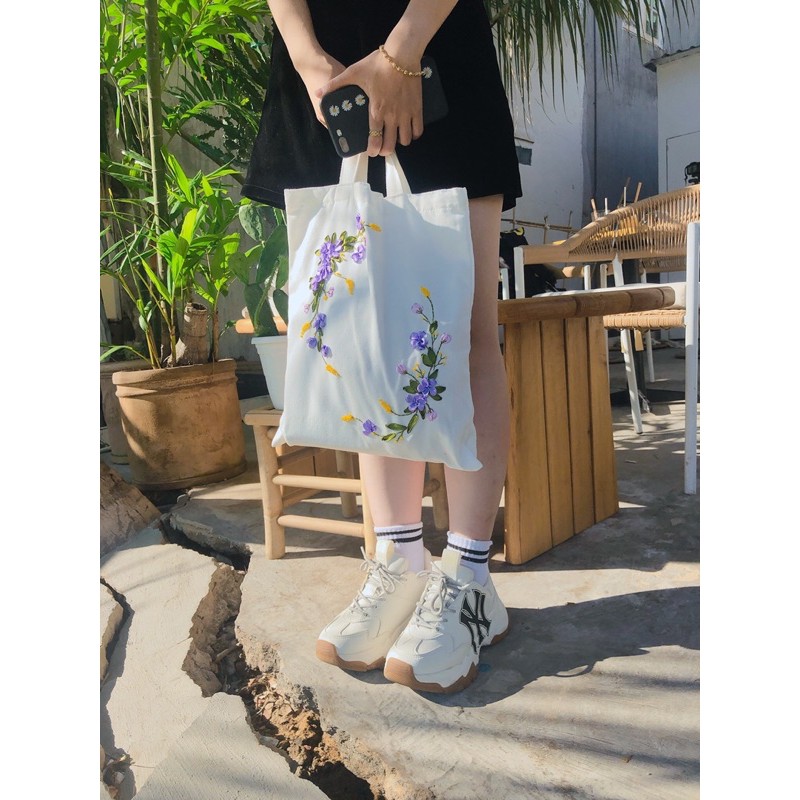 Túi Tote thêu hoa-Mẫu hoa nhí tím
