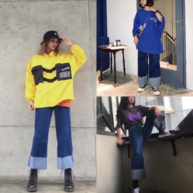 Quần jeans gập gấu - Quần ống rộng culottes ulzzang | BigBuy360 - bigbuy360.vn