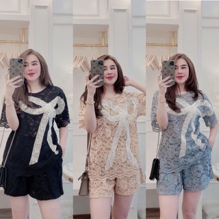 S207 Đồ Bộ Nữ Ren Nơ Áo Phối Nơ Viền Mix Quần Đùi Cạp Chun Có Lót , Chất Ren QC xịn xò