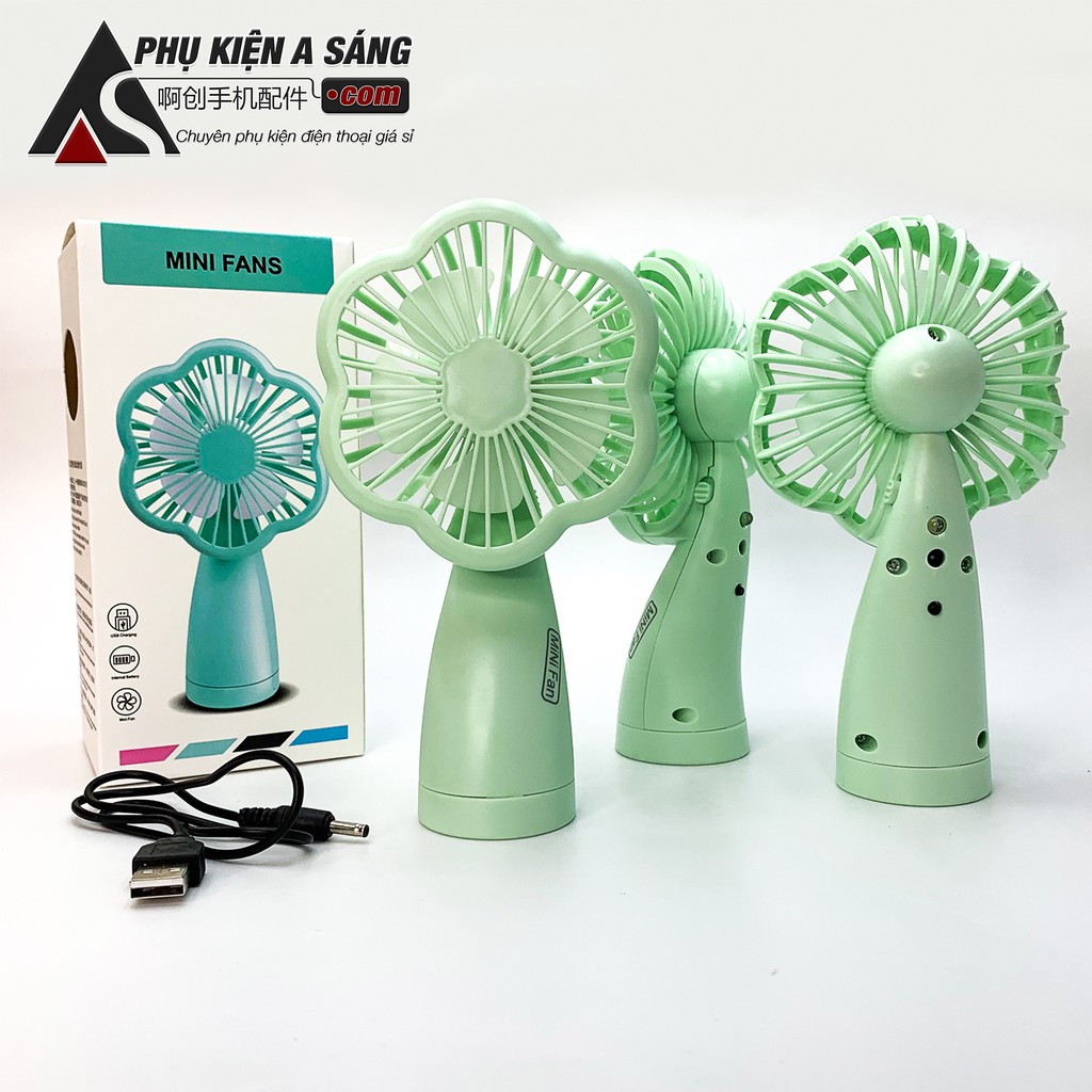 (SIÊU SALE) Quạt mini cầm tay để bàn hình hoa, 3 chế độ gió, kèm pin, dây sạc, full hộp, thiết kế đẹp, chắc chắn, bền