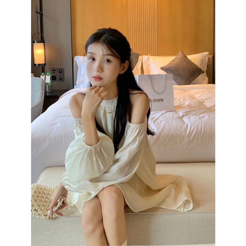 Đầm Chữ A Dài Tay Trễ Vai Phong Cách Hàn Quốc Cho Nữ