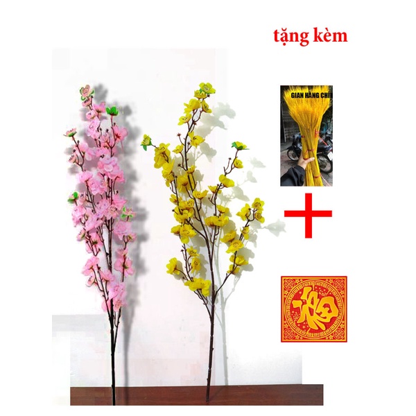 1 cành hoa mai, đào giả cắm bình trang trí tết đẹp dài 1m có 5 nhánh nhỏ kèm bông lúa mạch và decal chữ phúc
