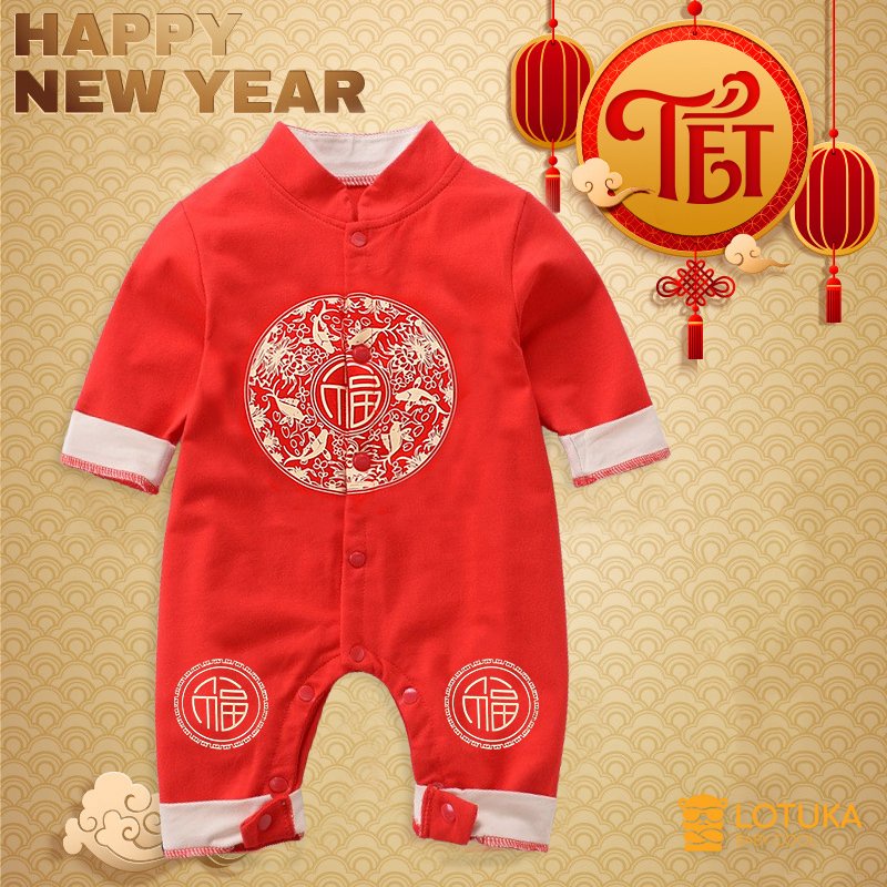 Body dài tay cho bé hình tài lộc chất cotton mền mịn mẫu Quần áo sơ sinh bé trai bé gái từ 0-12 tháng