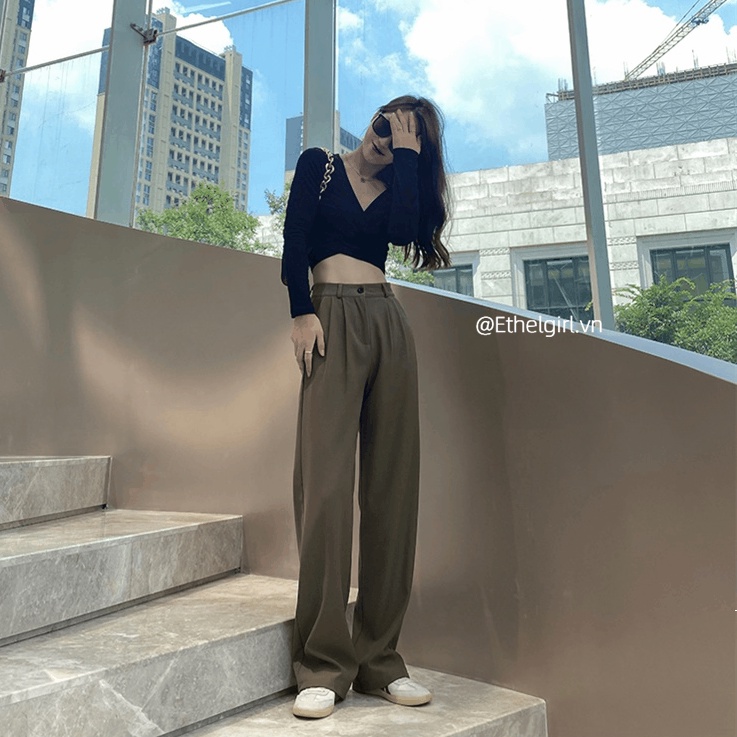 Quần ống rộng lưng cao màu sắc đơn giản phong cách Hàn Quốc độc đáo