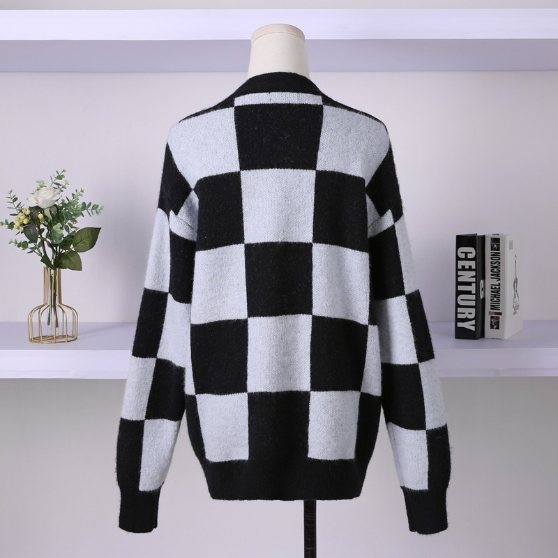 Jisoo blackpink Áo khoác cardigan dệt kim cổ chữ V sọc ca rô trắng đen phong cách retro cho nữ