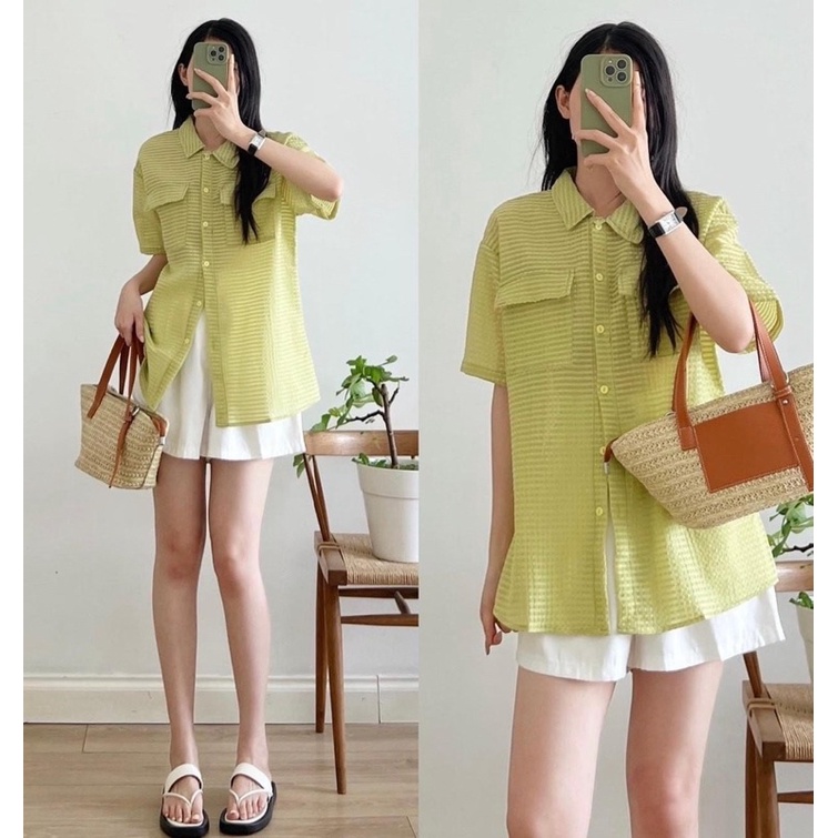 Áo sơ mi form rộng, Áo sơ mi cộc tay trendy chất xốp phong cách Hàn Quốc Viestudio
