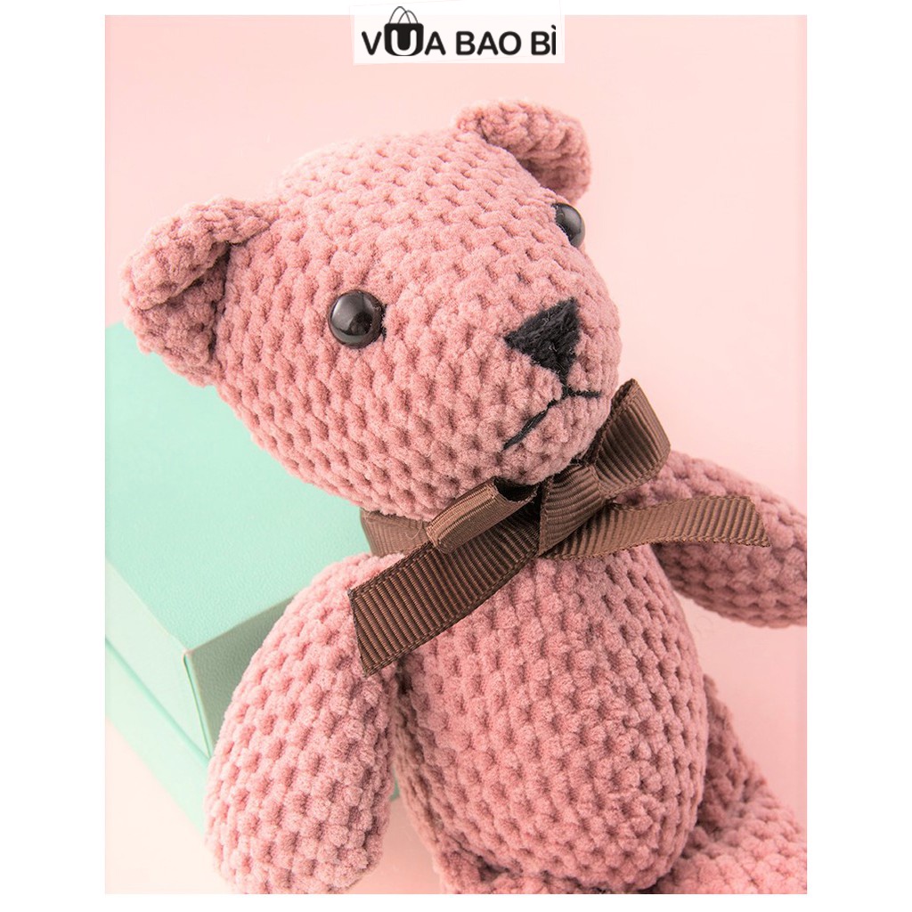 Gấu bông Teddy đan len, gấu teddy bông 18cm quà tặng nhồi bông, phụ kiện trang trí (Hồng/Xám)