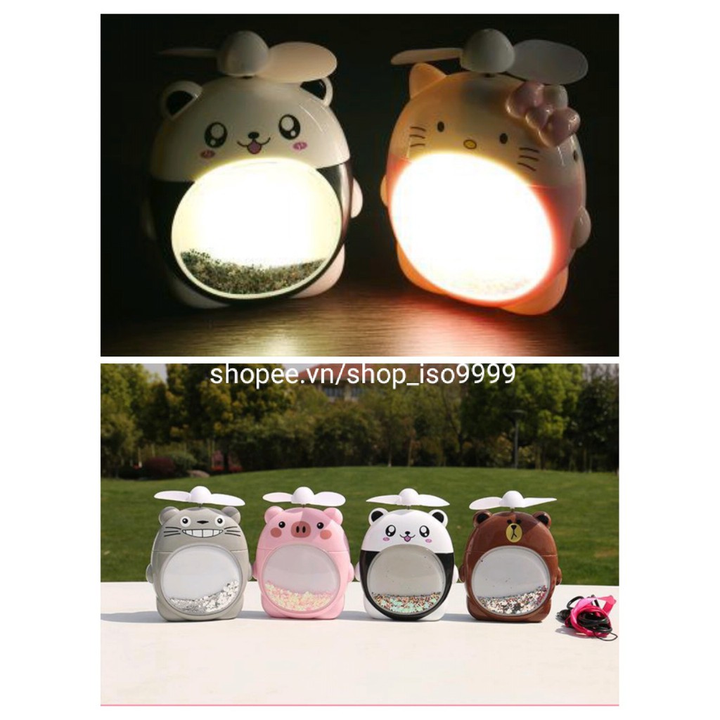 Quạt mini cầm tay 2 trong 1 (Quạt &amp; Đèn ngủ) hình Gấu,quạt tích điện