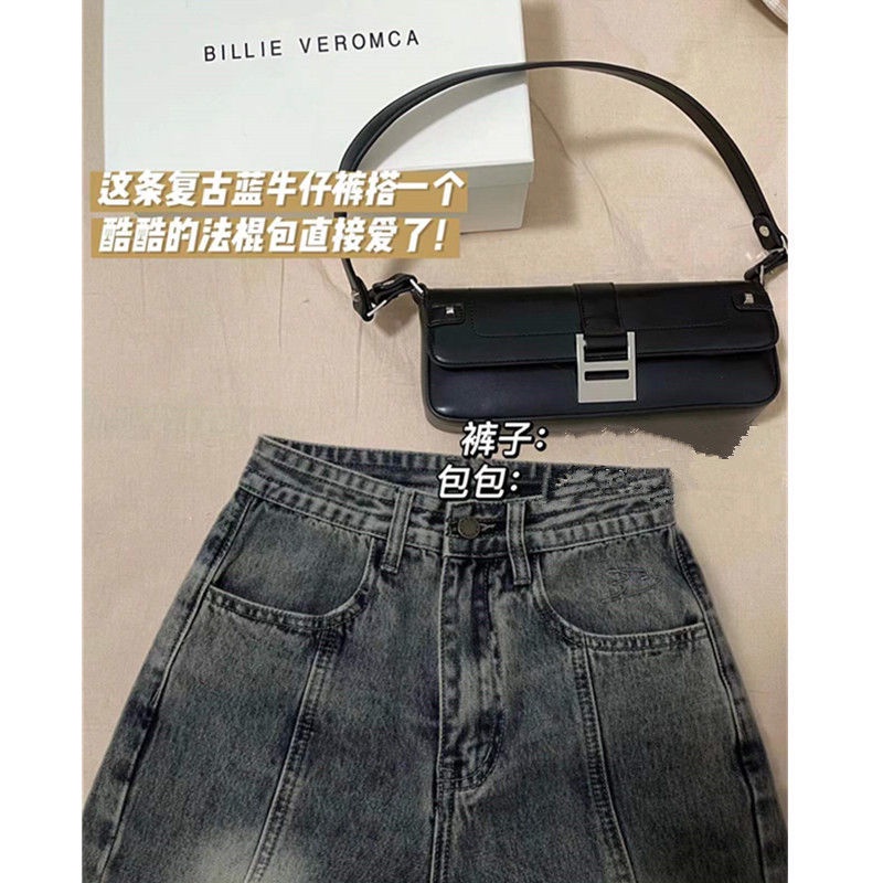 Quần jeans eo cao ống đứng thiết kế túi hai đường may phong cách retro Mỹ cho nữ