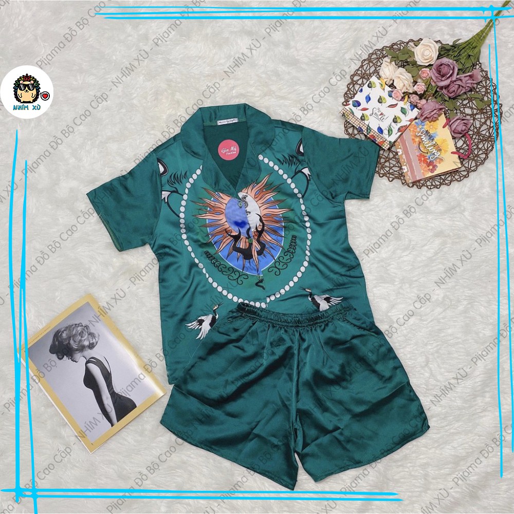 Đồ Bộ Ngủ Pijama Mặc Nhà Quần Đùi Áo Ngắn Tay Vải Satin Cao Cấp phối họa tiết mặt trời phong cách nghệ thuật lập thể | BigBuy360 - bigbuy360.vn