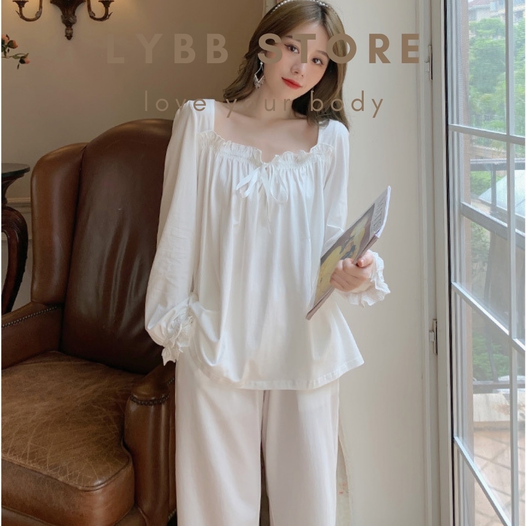Set quần áo nữ mặc nhà chất liệu cotton đẹp, bộ ngủ tiểu thư dài tay xinh xắn, đồ ngủ nữ phong cách retro