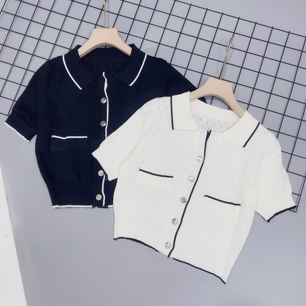 Áo len mỏng cổ sen viền túi, Áo kiểu cổ bẻ cài cúc ngắn tay AL9123 -NhiNhi Shop