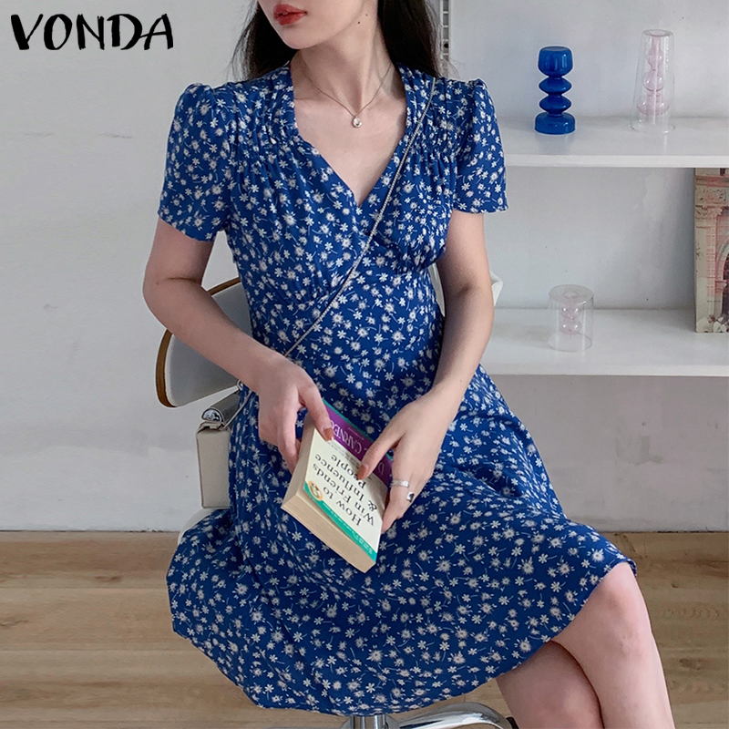 Đầm Vonda Tay Ngắn Cổ Chữ V In Hoa Màu Xanh Dương Xinh Xắn Phong Cách Hàn Quốc