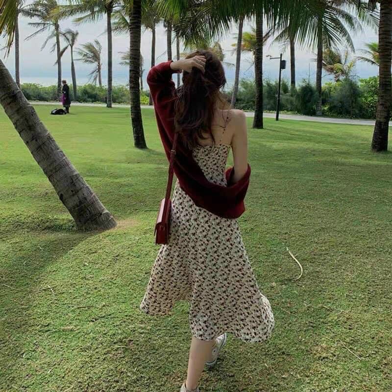 SET ĐẦM 2S HOA NUDE KÈM KHOÁC ĐỎ🖤