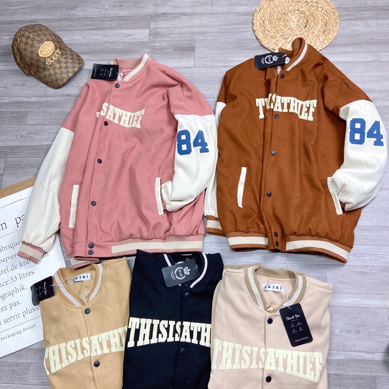 Áo Khoác Bomber Thể Thao Nhung Tăm 2 Lớp Số 84 Dáng Rộng Áo Bóng Chày Cao Cấp