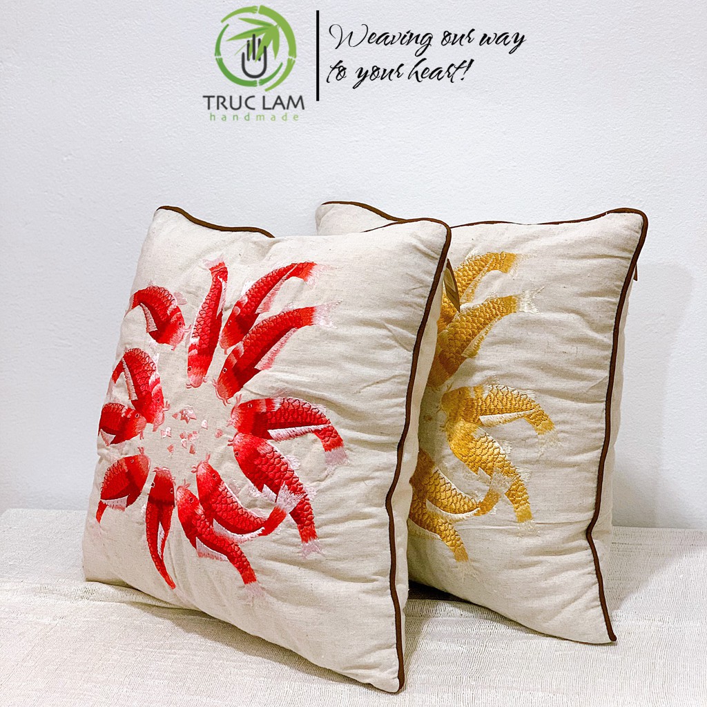 Gối/Vỏ Gối Vuông Tựa Lưng Sofa (45x45) Trang Trí Phòng  Vải Linen Thêu Thủ Công Hình Đàn Cá - Trúc Lâm Handmade