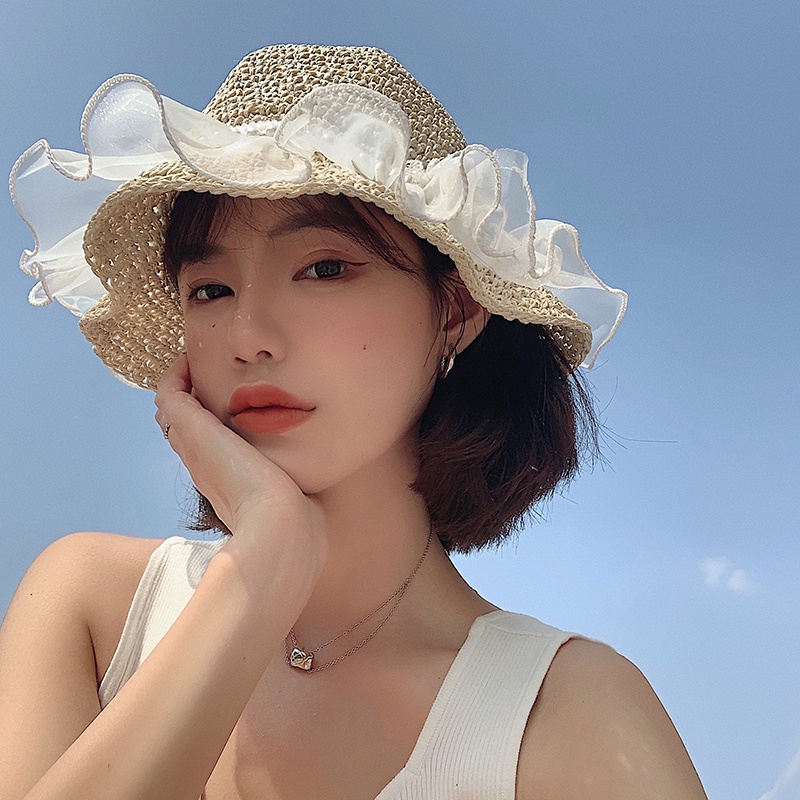 Mũ Cói Rộng Vành Phối Ren Đính Ngọc Trai Thời Trang Đi Biển Mùa Hè Cho Nữ