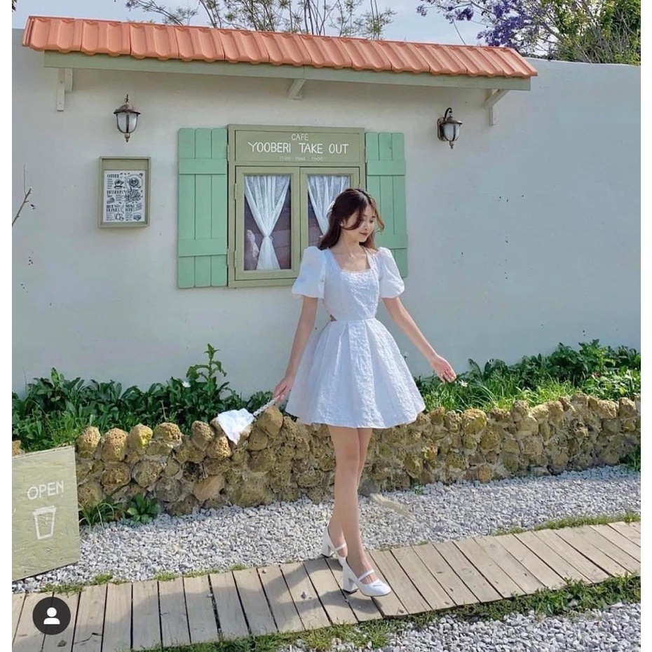 Váy cổ vuông - Váy gấm tay bồng cổ vuông viền ren hở eo Hottrend, Đầm nữ vải gấm Quảng Châu HK Shop9720