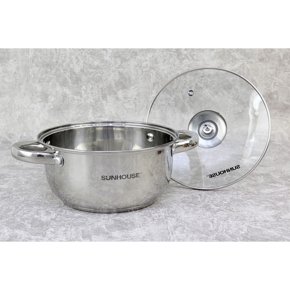 Nồi 2 quai inox 3 đáy nắp kính16, 20, 24 cm sunhouse sh22120 - bền đẹp  - dùng cho được mọi loại bếp