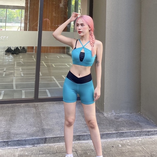 Set bộ đùi thể thao tập gym yoga nữ phối màu áo bra kèm mút quần đùi cạp chéo cao cấp Bin Sport BN067