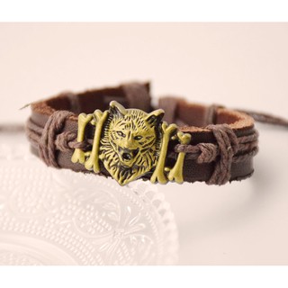 Vòng tay da lộn nam logo đầu báo đan thừng siêu chất