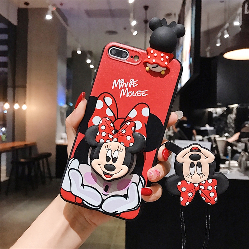 Disney Casing Samsung Galaxy Note 10 Plus 9 8 S10 S9 S8 Plus S7edge Cute Minnie Mickey Lanyard Soft Case