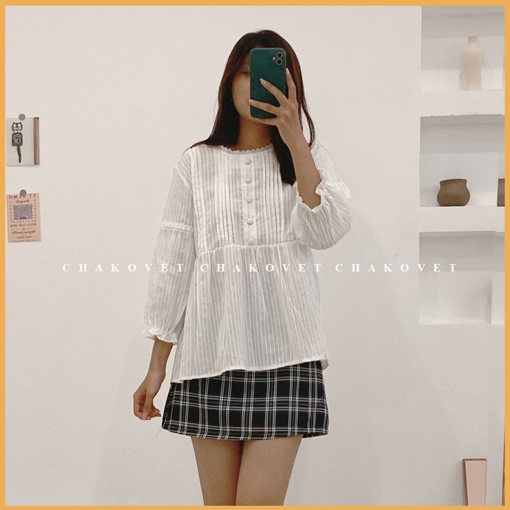 Áo sơ mi nữ dài tay Chakovet, Kiểu áo Babydoll viền ren cúc bọc tay bồng Freesize&lt;52kg - CKA073