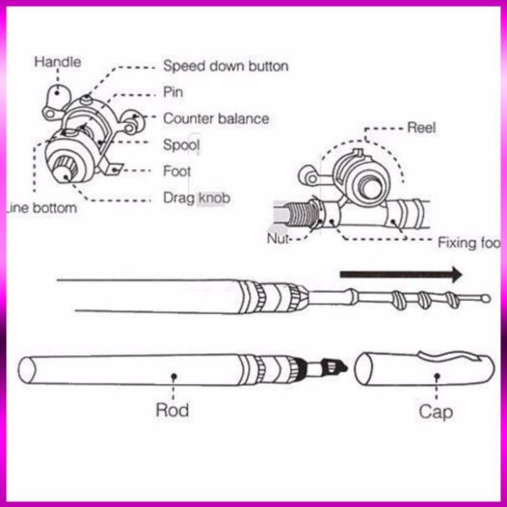 ⭐  Cần câu cá mini hình cây bút kèm tay quay dây câu