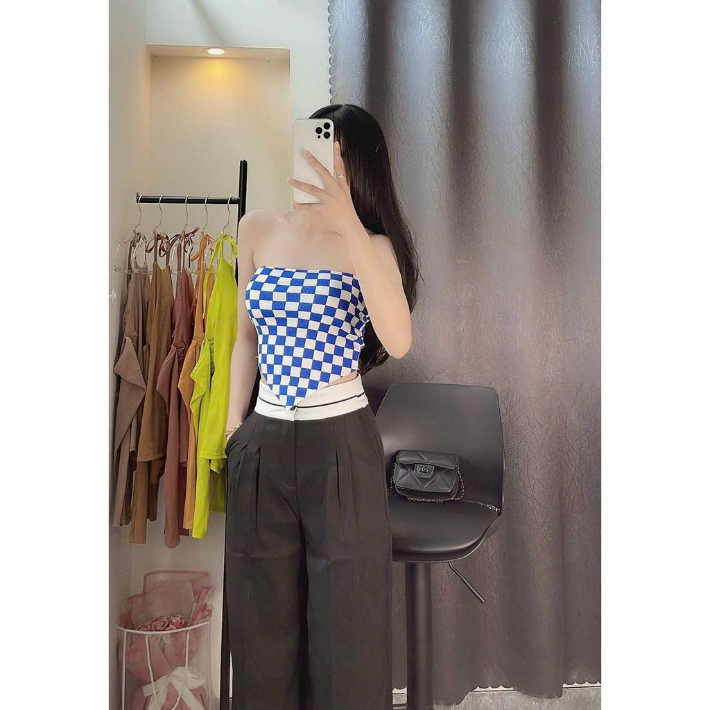 Áo ống cúp ngực nhọn tà cột dây nơ lưng phối màu caro croptop cực sexy , chất thun gân dày dặn