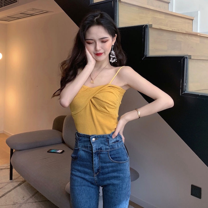 Jiashucheng Áo Dệt Kim Hai Dây Dáng Ngắn Ôm Sát Mùa Xuân Hè Tươi Tắn Nhỏ Nhắn Phong Cách Retro Cho Nữ