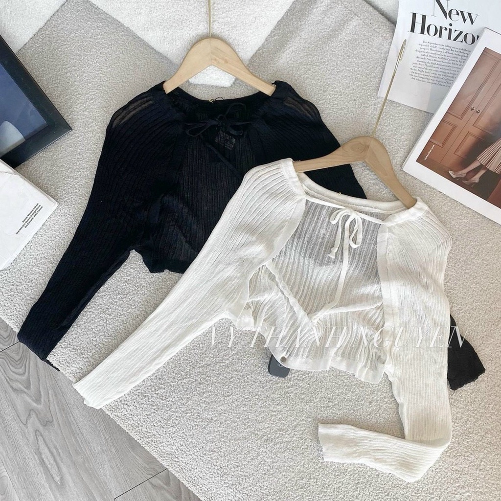 [L2M] Áo khoác len dệt kim Montoghi DÂY NƠ CỔ tay dài dáng lửng hàng Quảng Châu siêu xinh