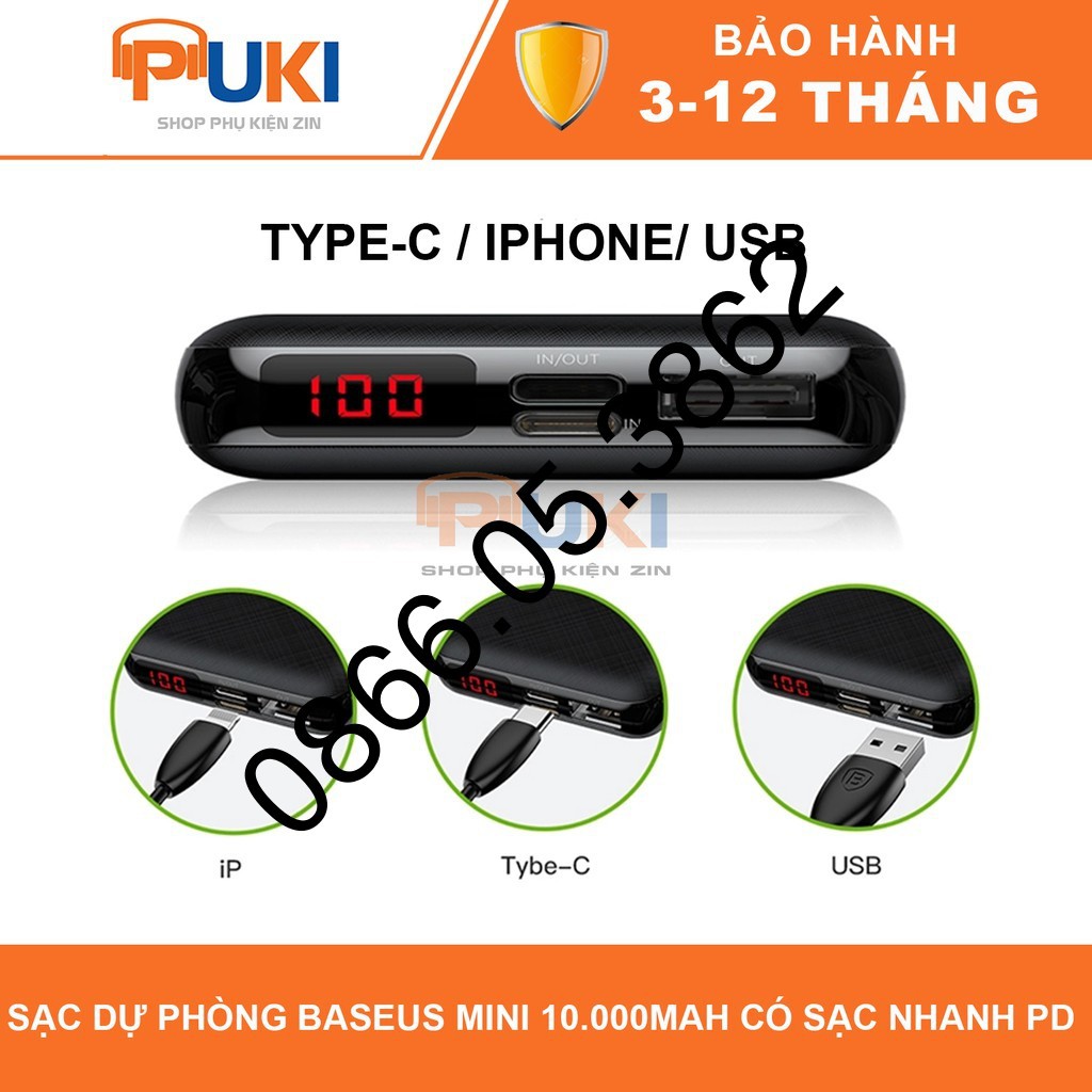 Sạc Dự Phòng Baseus Mini 10000mAh Hỗ Trợ PD - Hiển Thị Phần Trăm - 2 Cổng Ra - Hàng Chính Hãng