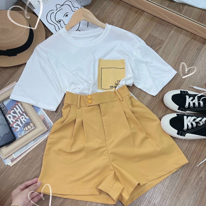 SET ÁO THUN TAY NGẮN CỔ TRÒN CÙNG QUẦN SHORT ĐÙI NÚT BỌC LƯNG CAO