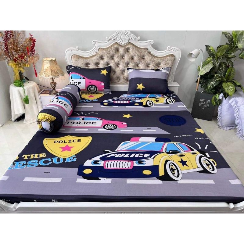 Bộ Drap thun Hàn Quốc mẫu xe POLICE hoạt hình