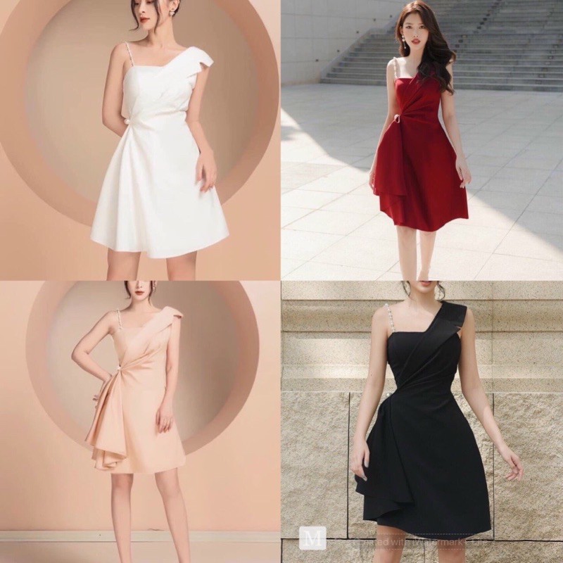 Đầm  Xoè Dự Tiệc Chéo Vai Đính Hạt Chuỗi 4 Màu Sang Trọng Zenna 🌸 Ảnh + video thật 🌸