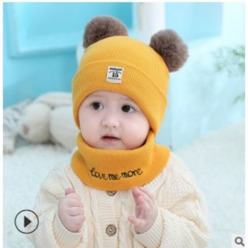 Set Mũ Len Kèm Khăn Ống, Mũ Len Hai Quả Bông Cho Bé 6 Tháng - 3 Tuổi