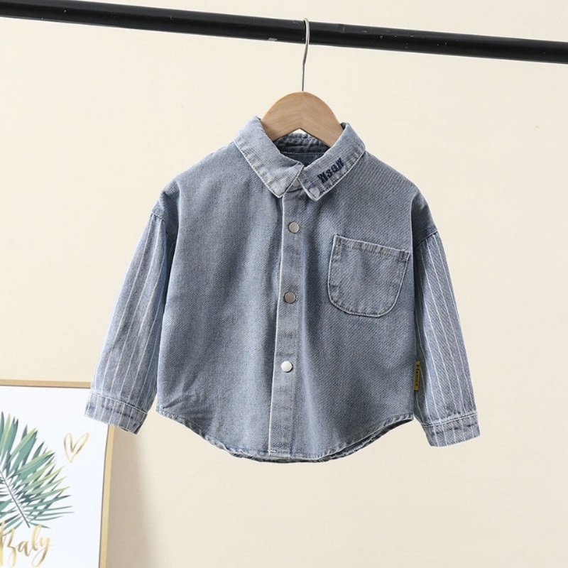 Áo Sơ Mi Jeans Denim Dài Tay Kiểu Hàn Quốc Cho Bé Trai Từ 1-2-3-4-5-6-7-8-9 Tuổi