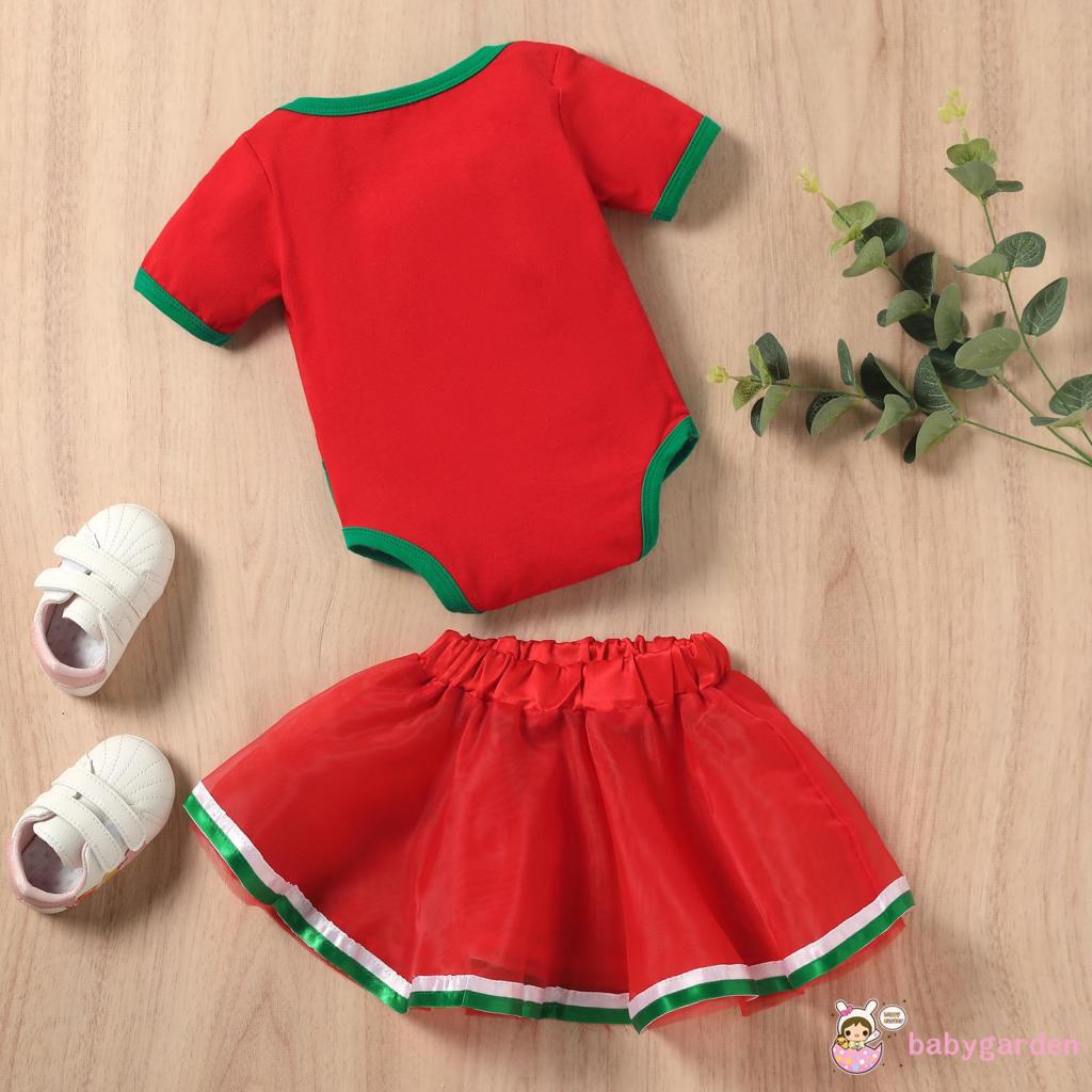 Bộ áo liền quần cổ tròn tay ngắn in hình dưa hấu + chân váy lưng thun màu trơn dễ thương cho bé gái