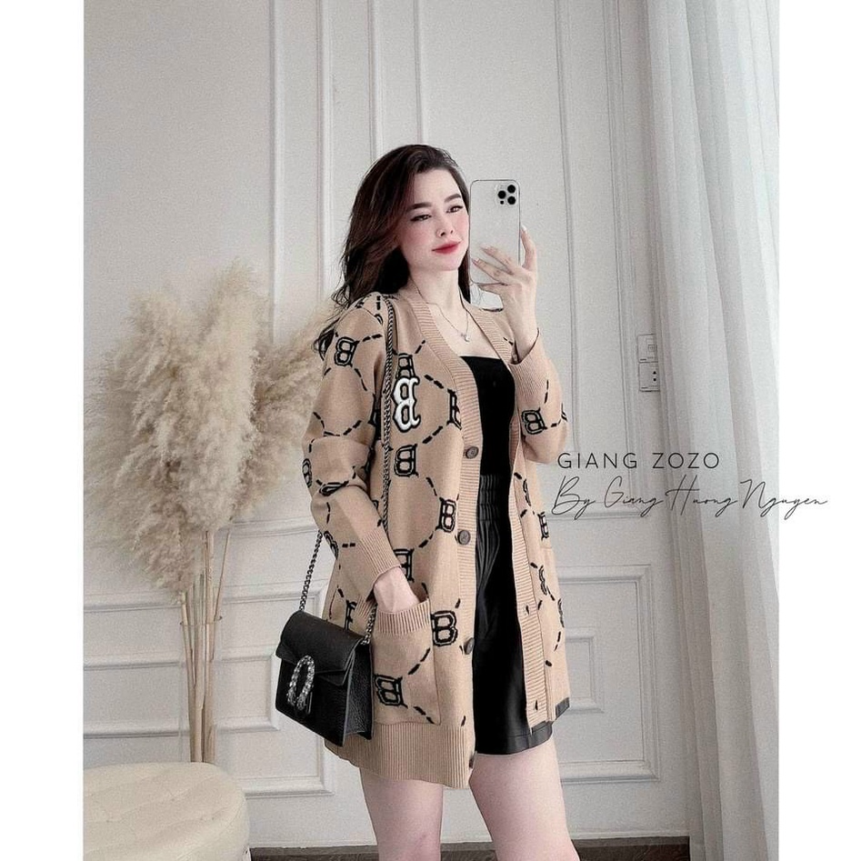 Áo Cadigan Len Cài Khuy Họa Tiết Chữ B Dáng Dài