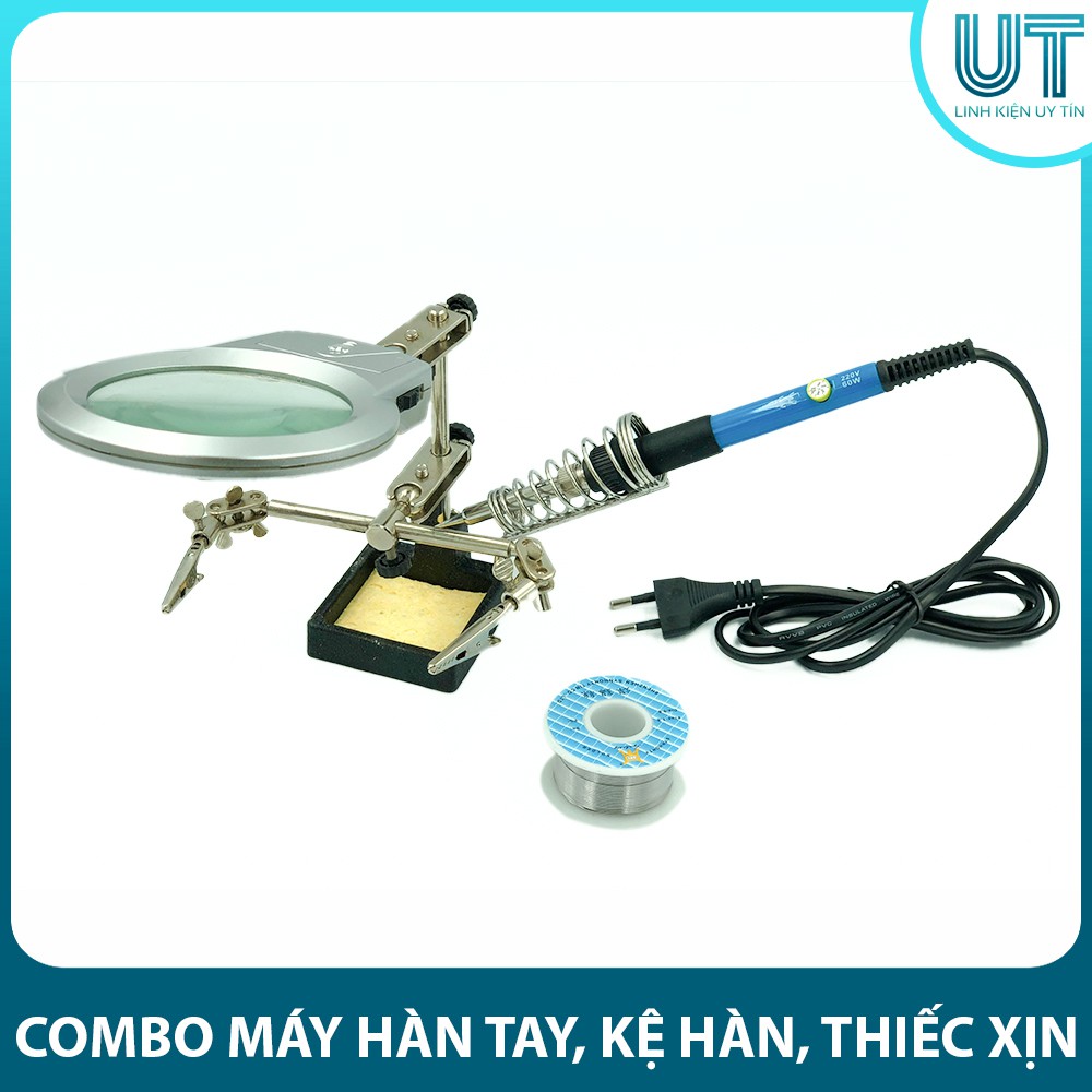 COMBO Máy hàn tay TQ936, thiếc xịn SN63, Kệ hàn kẹp mạch có kính lúp