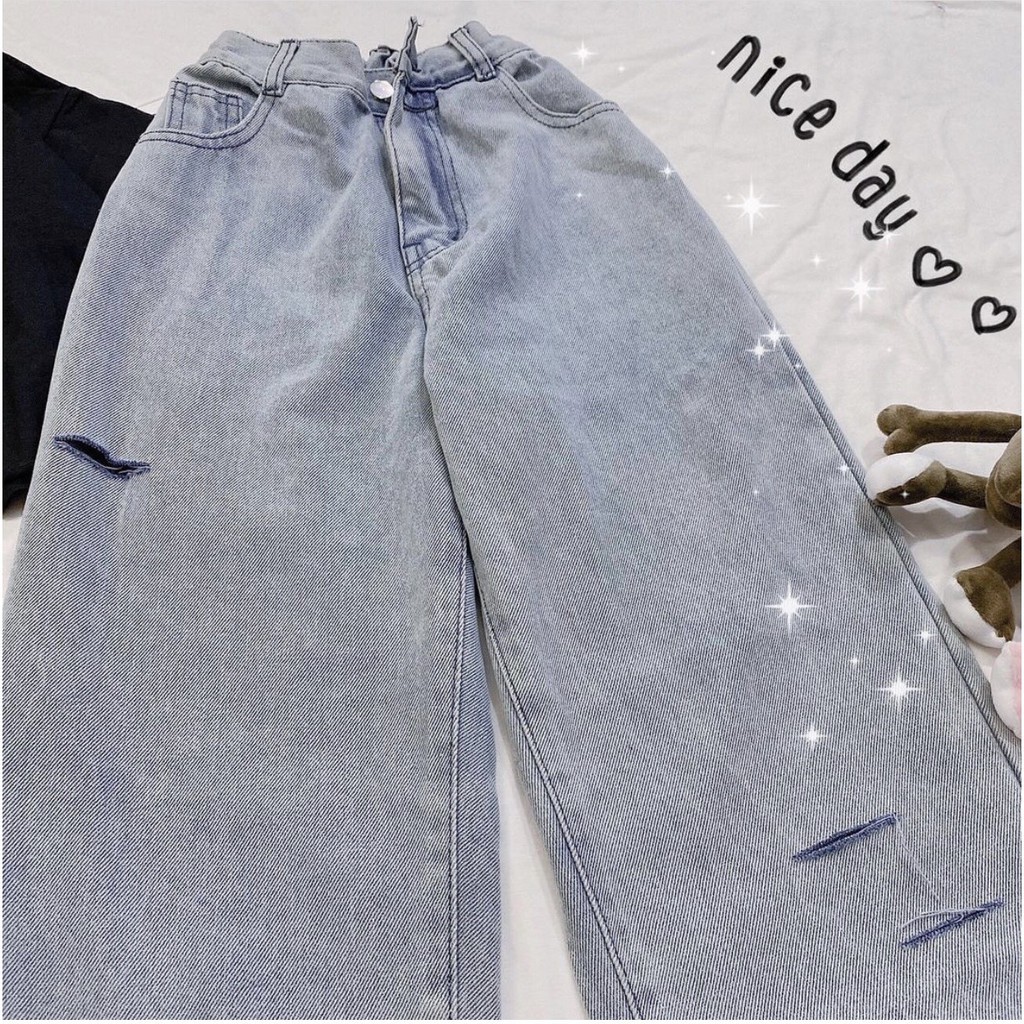 Quần Baggy Jean Nữ 3 Rách Kèm Lưng Thun Sau, Chất Bò Màu Xanh ULZZANG Cực Chất - 511