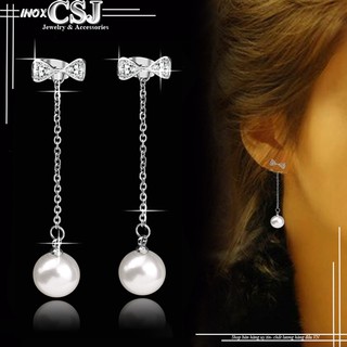 Bông tai inox nữ thời trang hình chiếc nơ xoàn rớt ngọc trai sang trọng